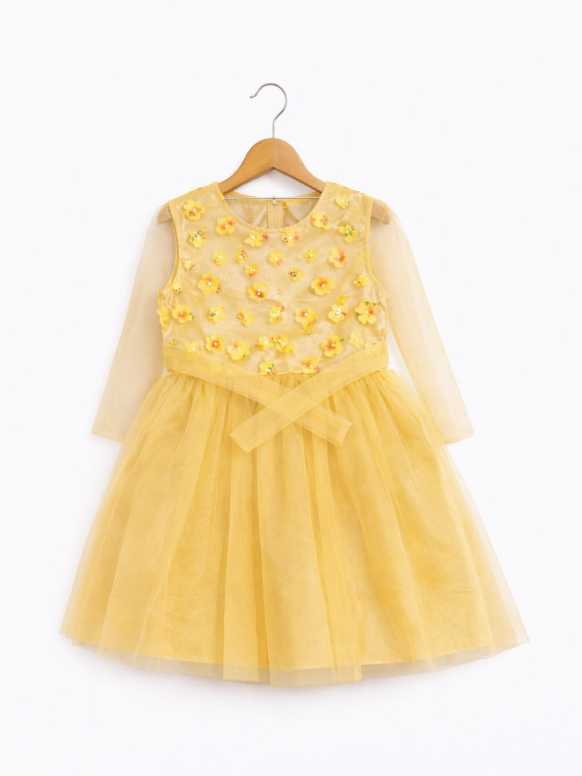 YELLOW COLORFUL FLORAL NET FROCK