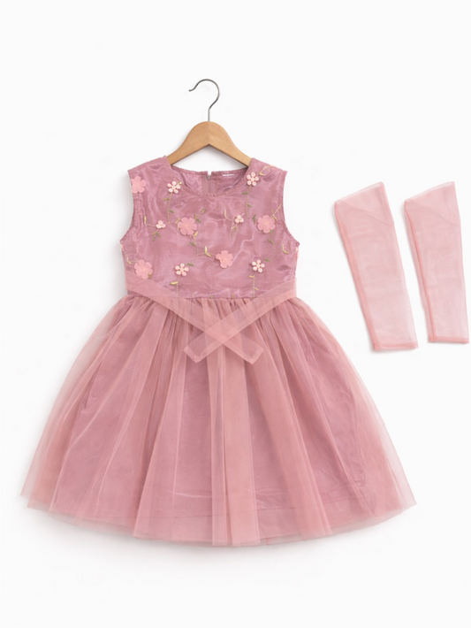 TEA PINK FLORAL NET FROCK