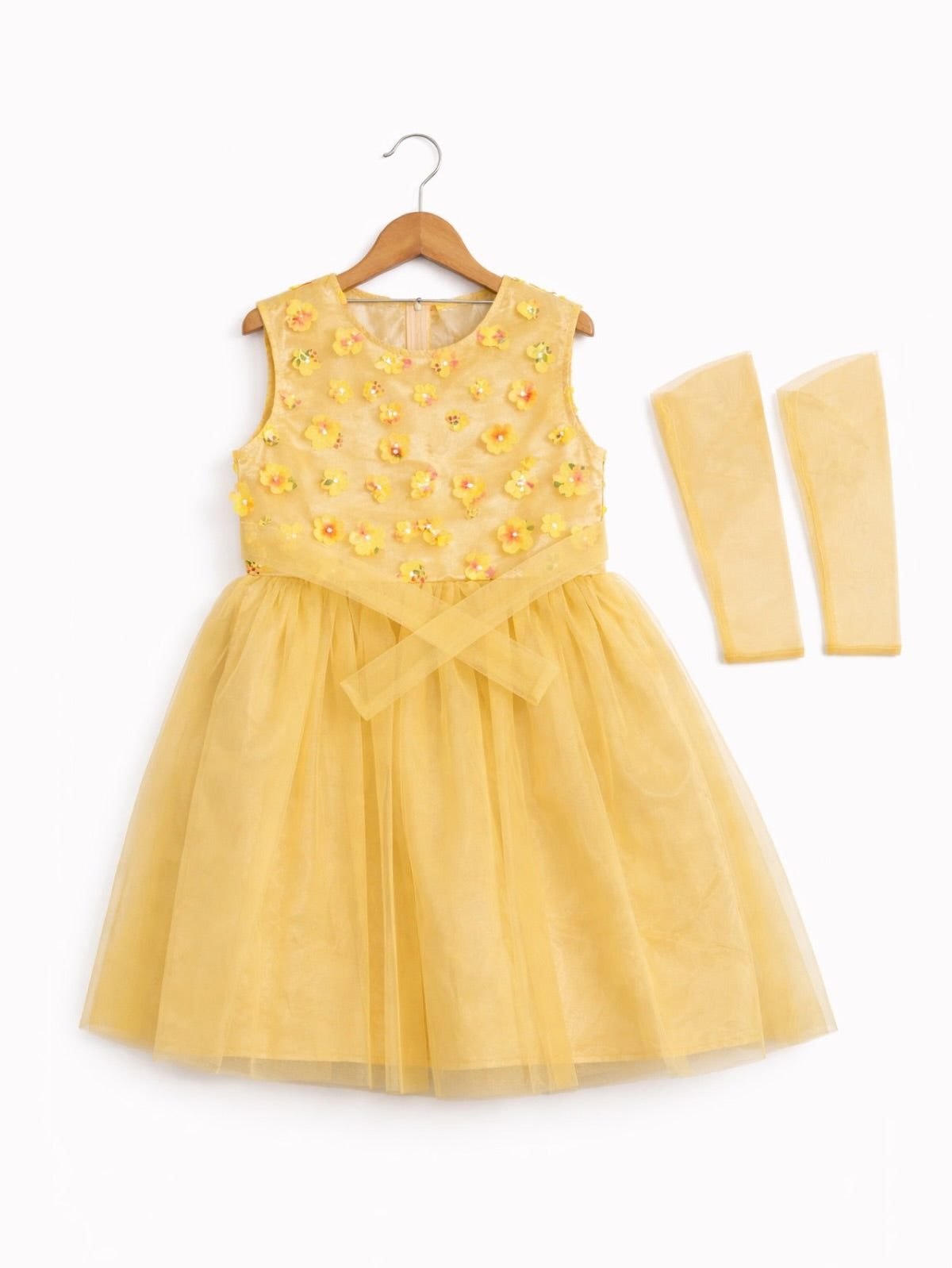 YELLOW COLORFUL FLORAL NET FROCK